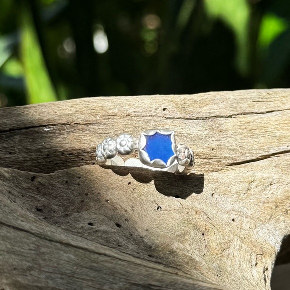 Hand Crafted Jewelry - Cobalt blue sea glass beaded floral sterling & fine silver thick band